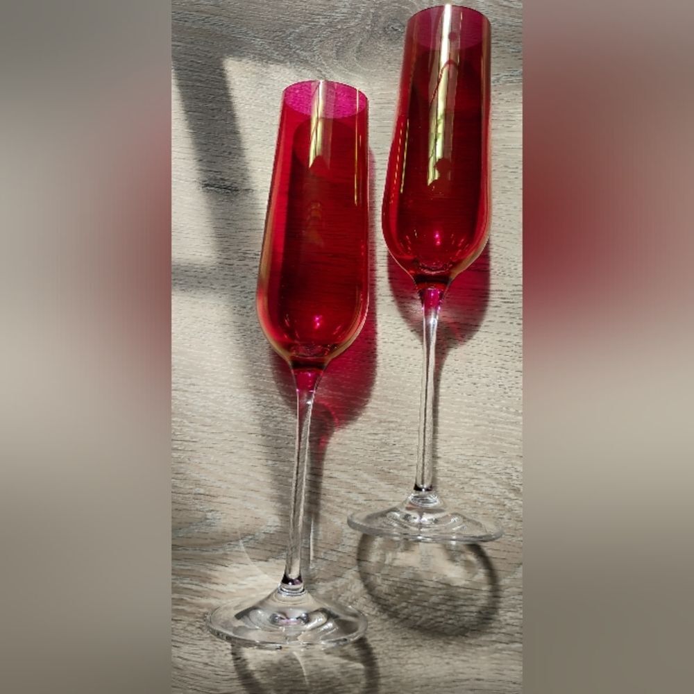 Vintage Red Cranberry Fluted Wine Glasses Set Of 2 Champagne Clear Stem